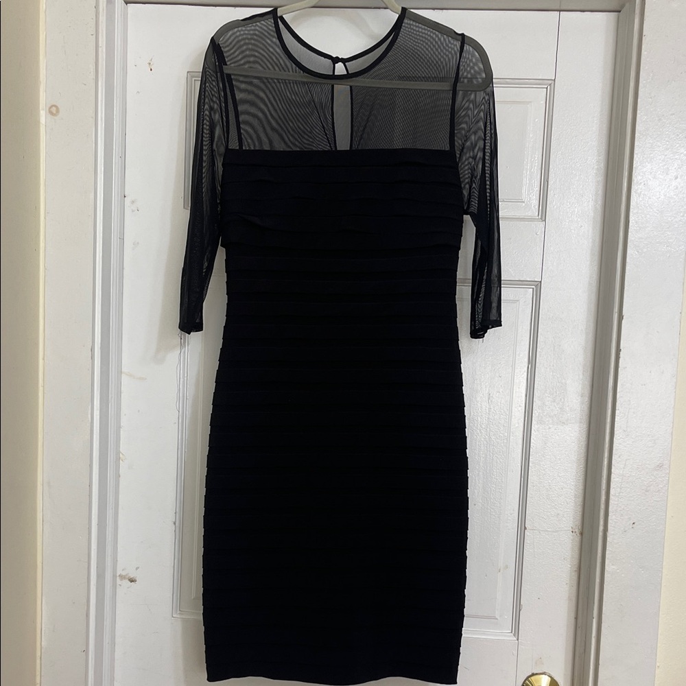 Adrianna Papell Shutter Pleat Jersey Sheath Illusion Neckline Dress Black sz 12